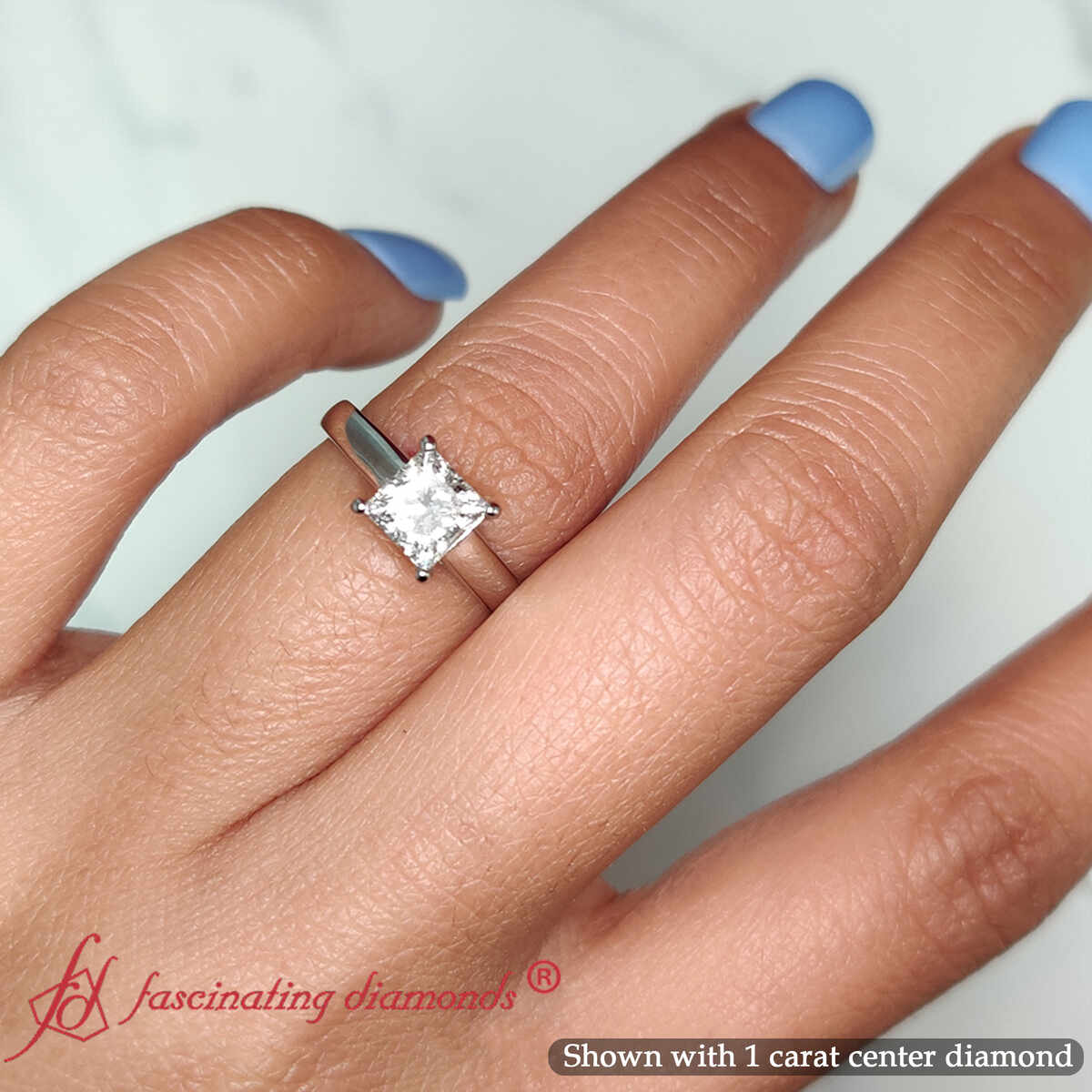 Princess Shaped Cathedral Flat Band Solitaire Engagement Ring with undefined in 14K White Gold