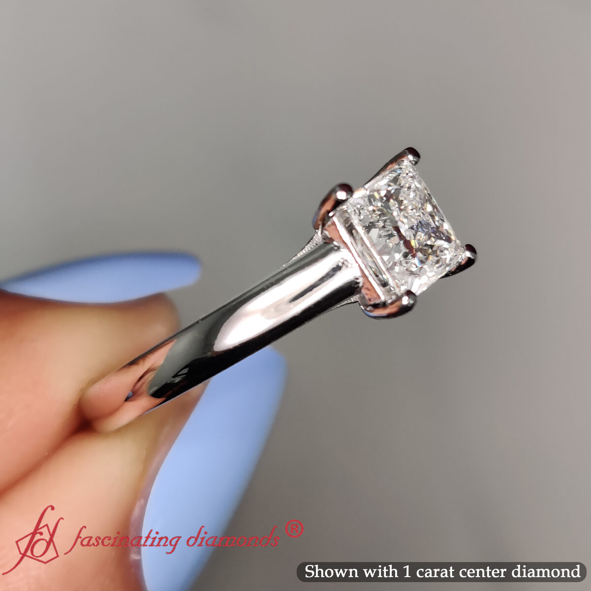 Princess Shaped Cathedral Flat Band Solitaire Engagement Ring with undefined in 14K White Gold