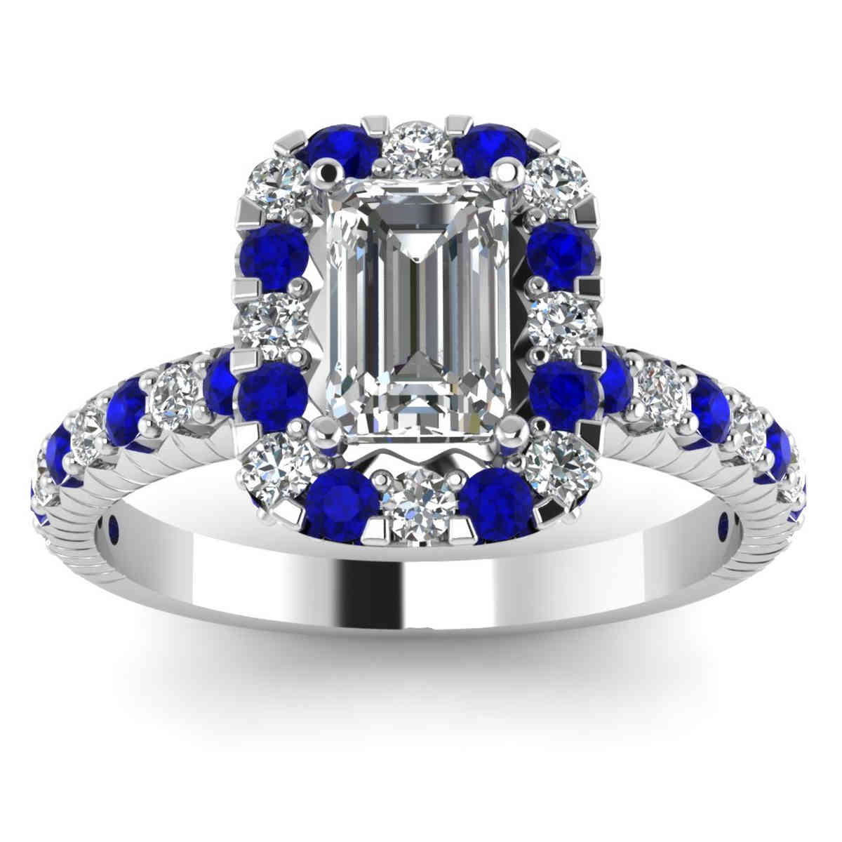 Emerald Shaped Delicate Halo Antique Ring with Blue Sapphire in 14K White Gold