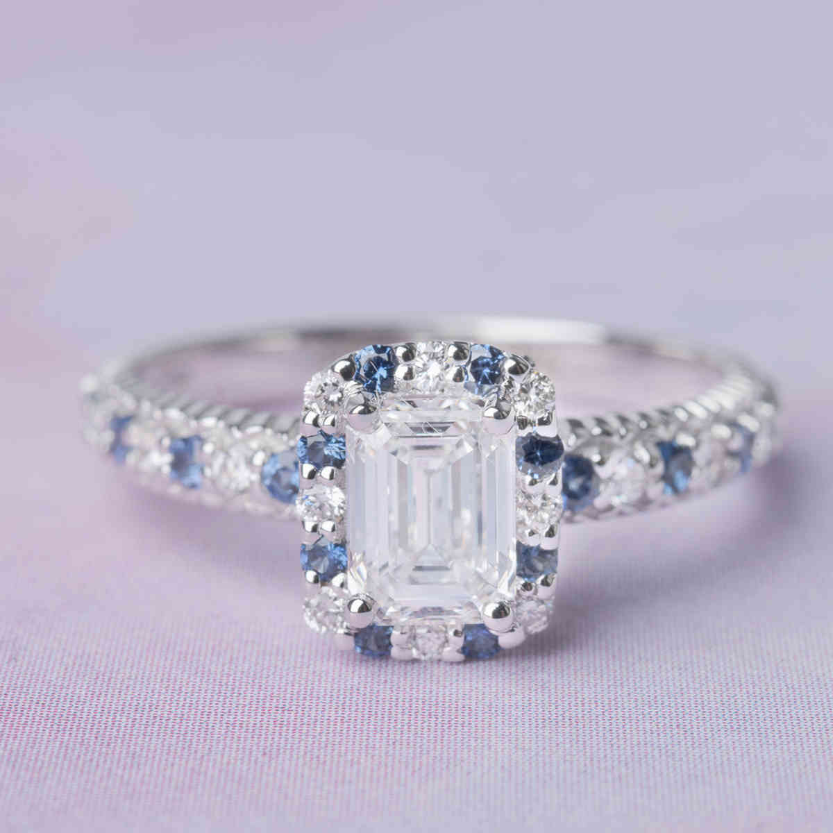 Emerald Shaped Delicate Halo Antique Ring with Blue Sapphire in 14K White Gold