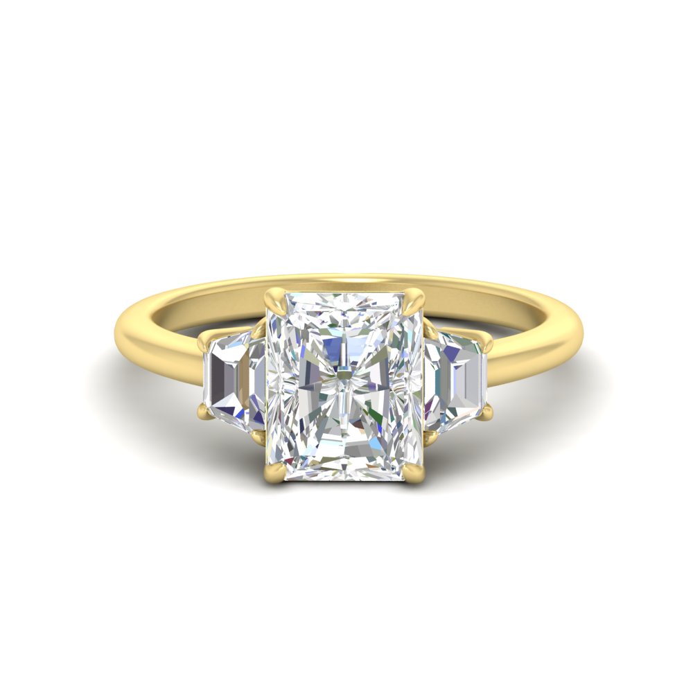 Big 2.50 Ct Radiant Cut 3 Stone Trapezoid Ring with 14K Yellow Gold White Diamond