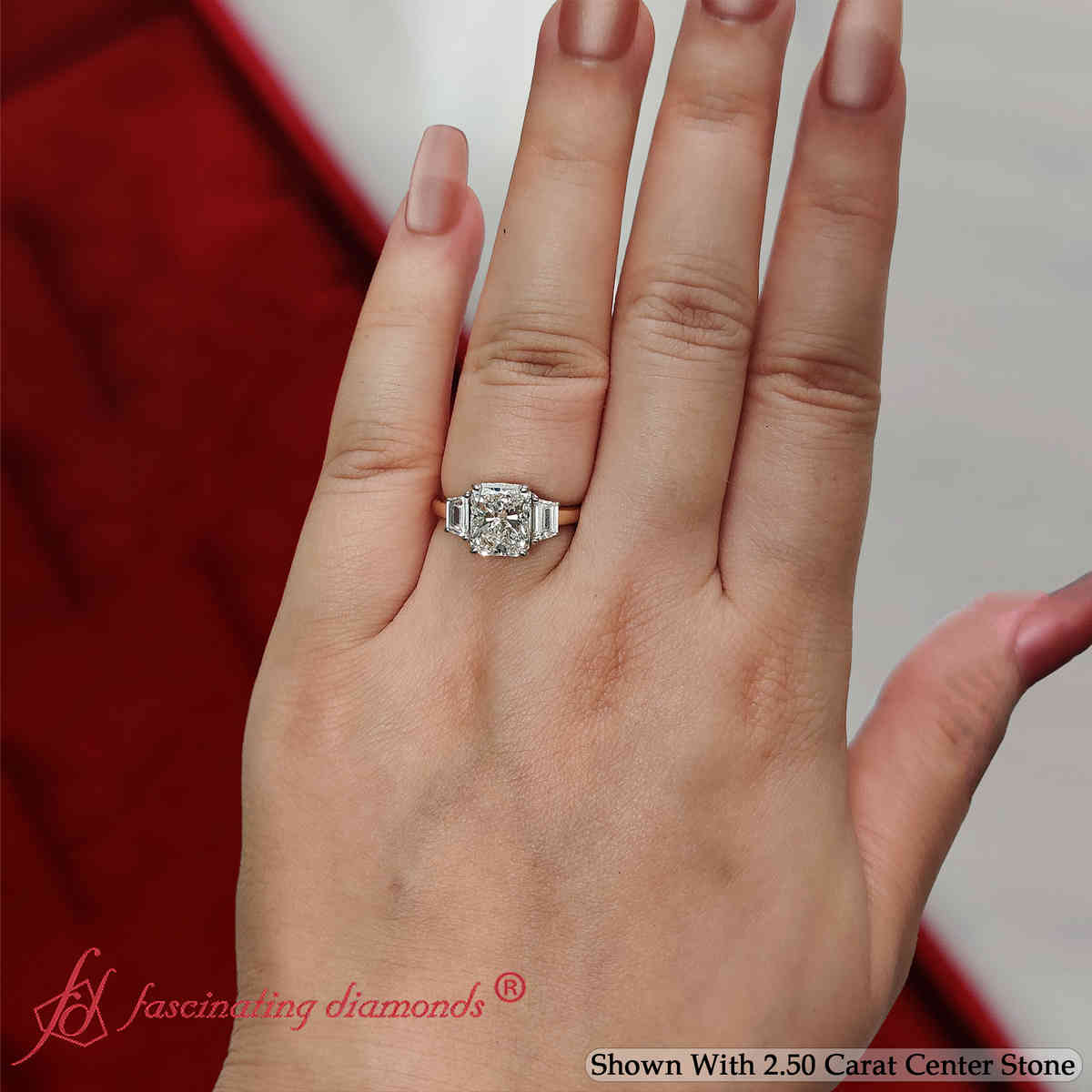 Radiant Shaped 3 Stone Trapezoid Engagement Ring with White Diamond in 14K Yellow Gold