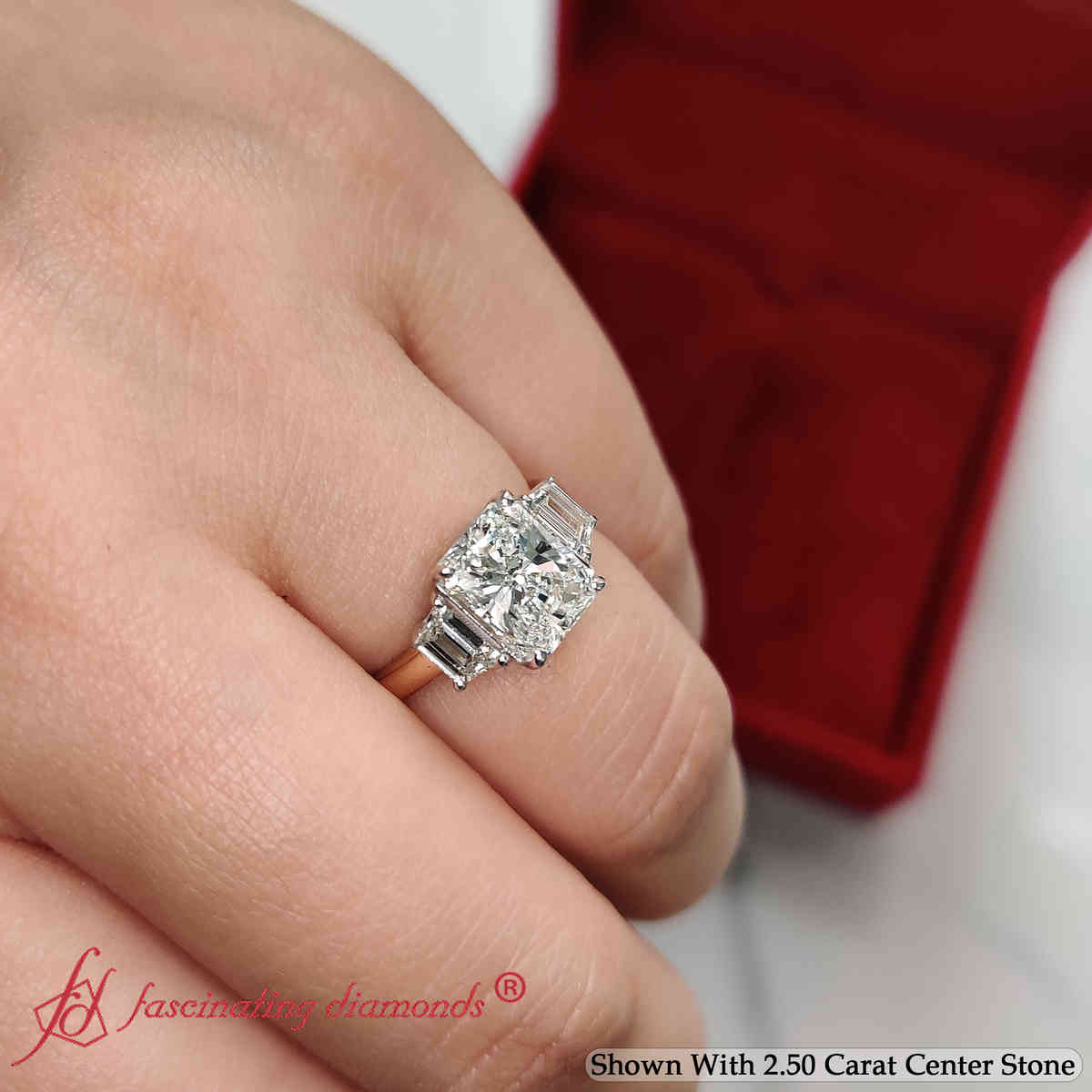 Radiant Shaped 3 Stone Trapezoid Engagement Ring with White Diamond in 14K Yellow Gold