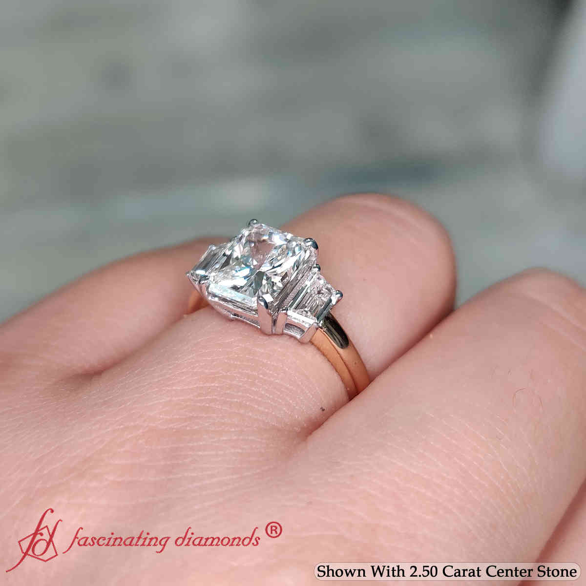 Radiant Shaped 3 Stone Trapezoid Engagement Ring with White Diamond in 14K Yellow Gold