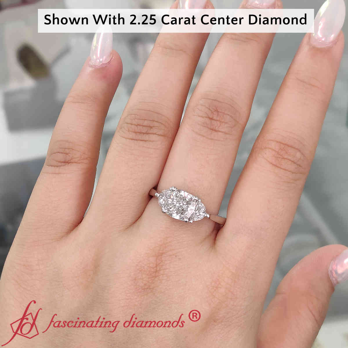 Cushion Shaped Half Moon 3 Stone Wedding Engagement Ring with White Diamond in 14K White Gold