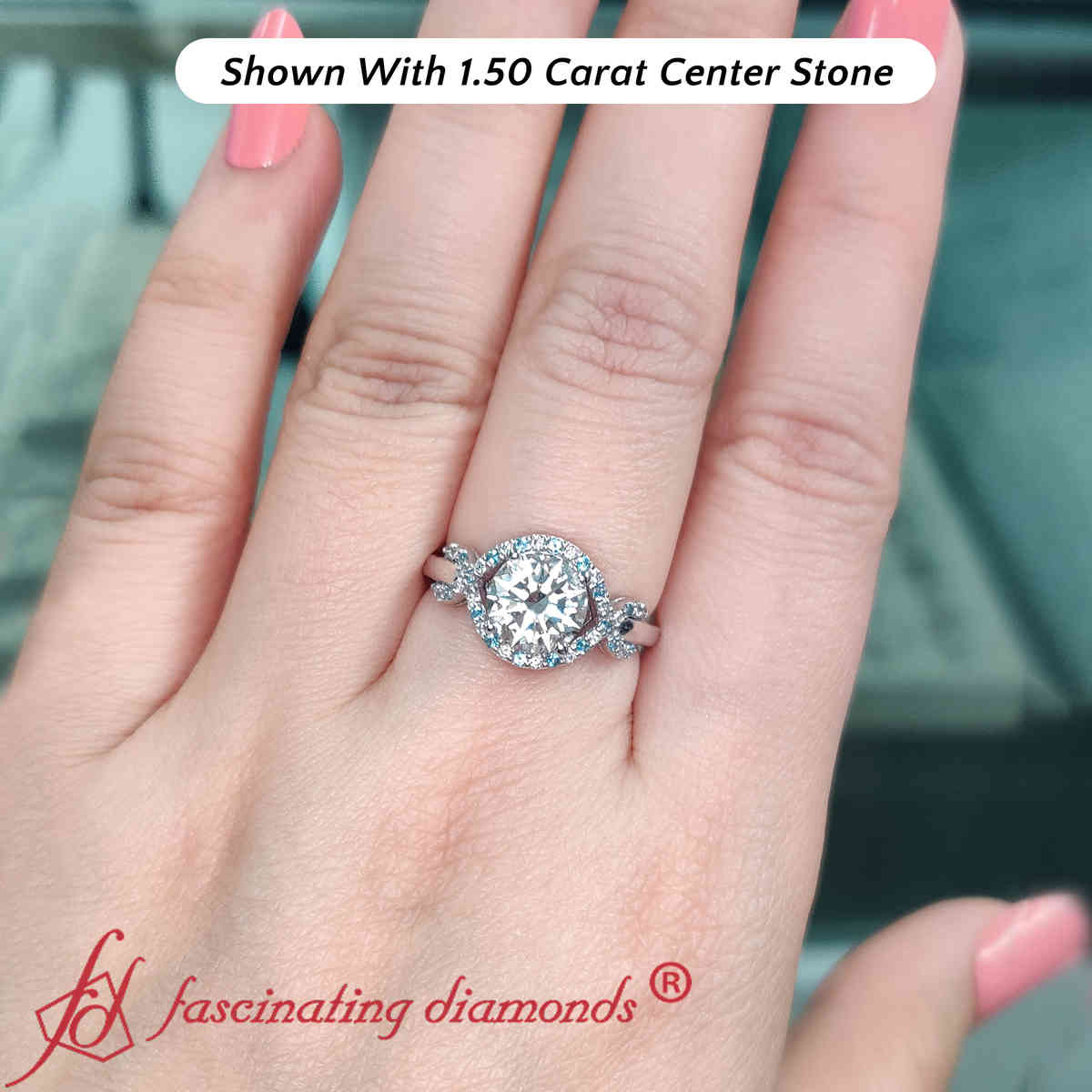 1.50 Carat Wave Infinity Round Halo Lab Diamond Ring with 14K White Gold Ice Blue Topaz