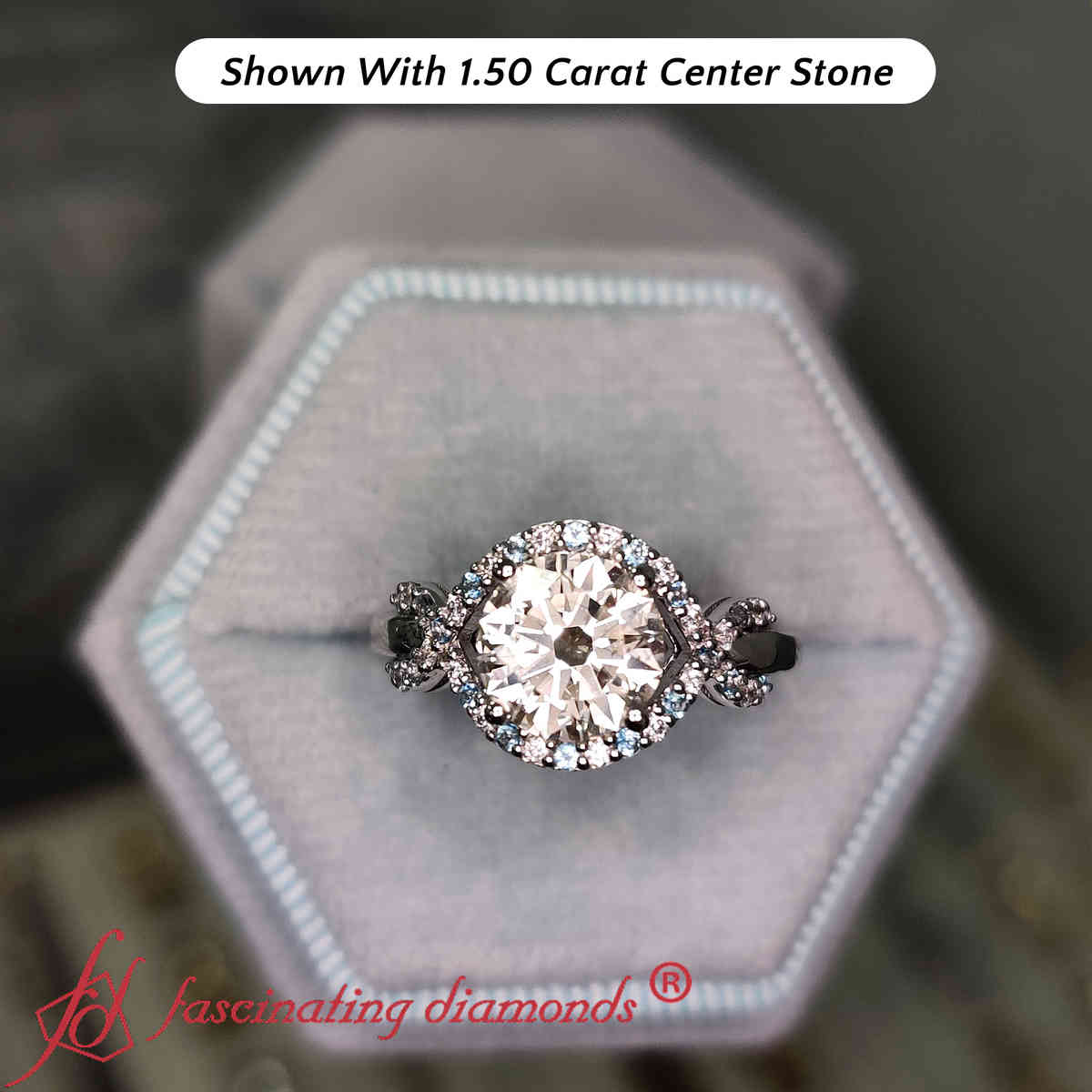 1.50 Carat Wave Infinity Round Halo Lab Diamond Ring with 14K White Gold Ice Blue Topaz