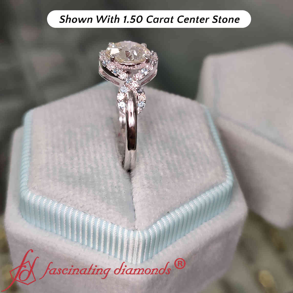 1.50 Carat Wave Infinity Round Halo Lab Diamond Ring with 14K White Gold Ice Blue Topaz