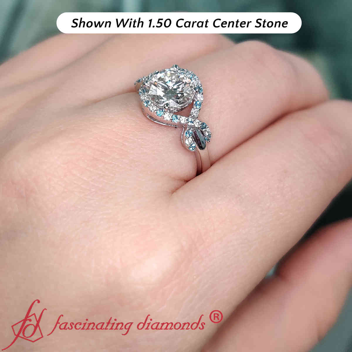 1.50 Carat Wave Infinity Round Halo Lab Diamond Ring with 14K White Gold Ice Blue Topaz