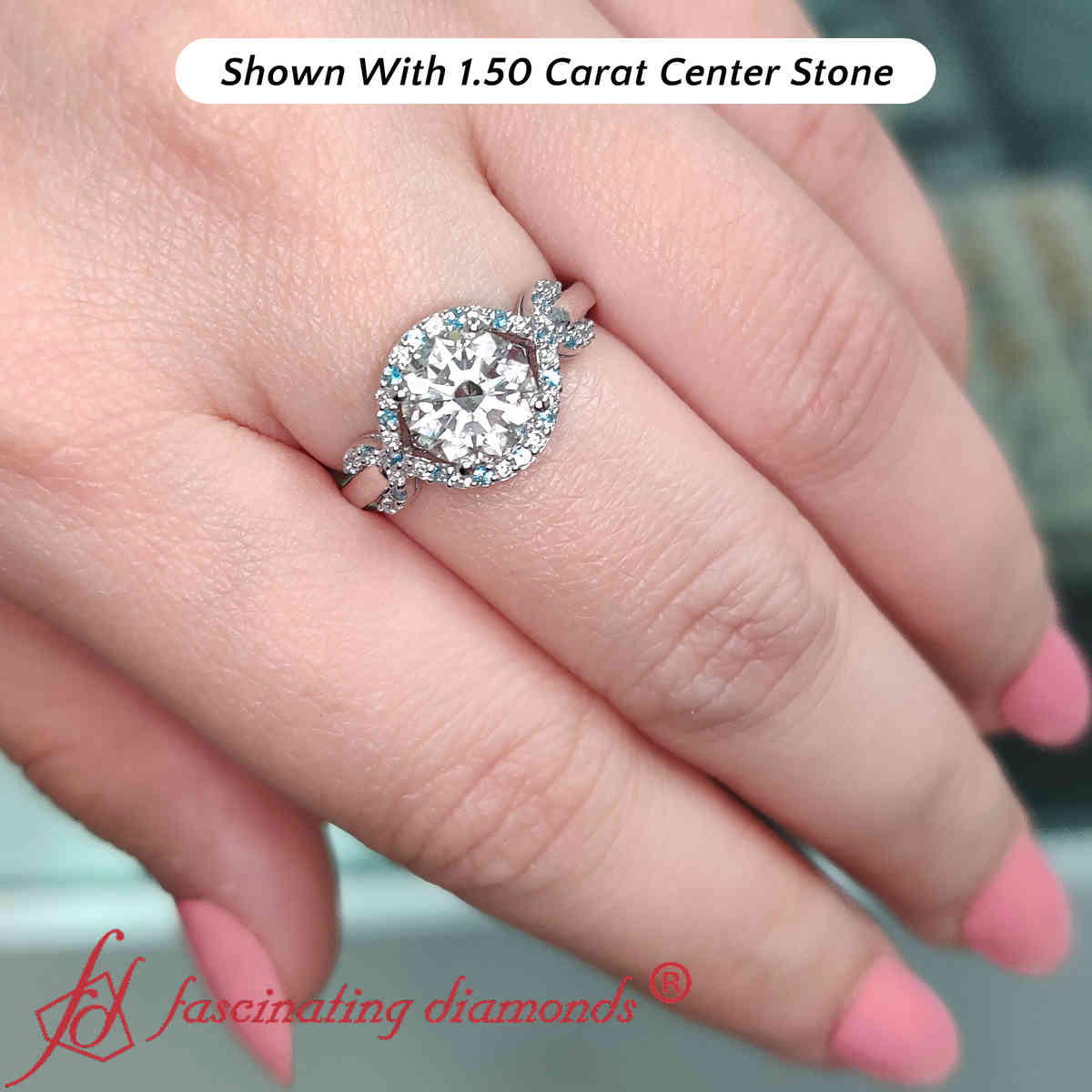 1.50 Carat Wave Infinity Round Halo Lab Diamond Ring with 14K White Gold Ice Blue Topaz