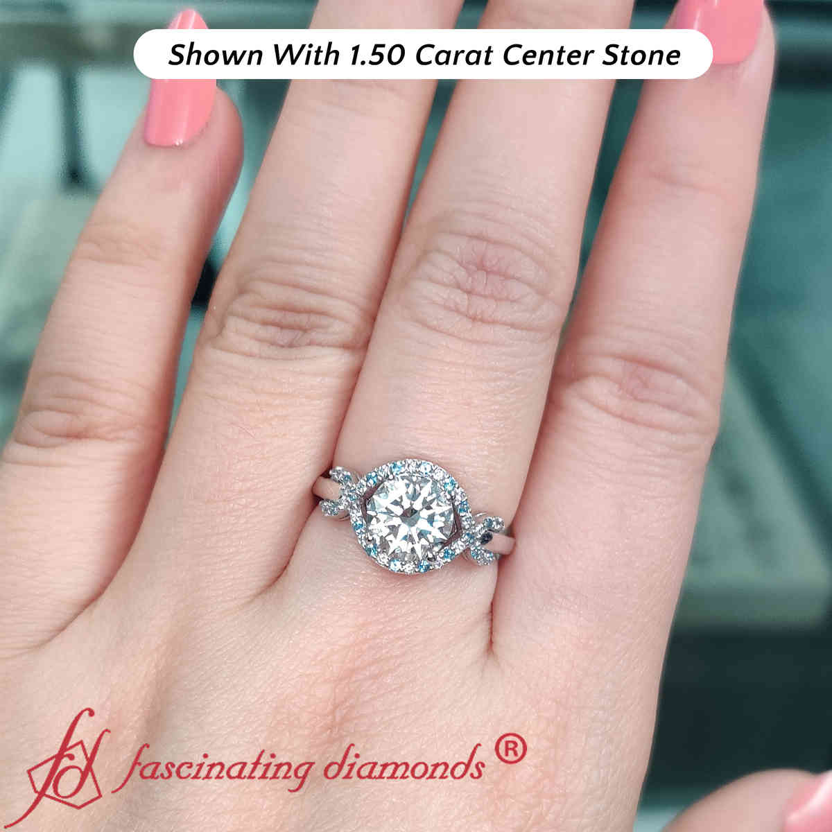 Round Shaped Infinity Halo Round Engagement Ring with Ice Blue Topaz in 14K White Gold