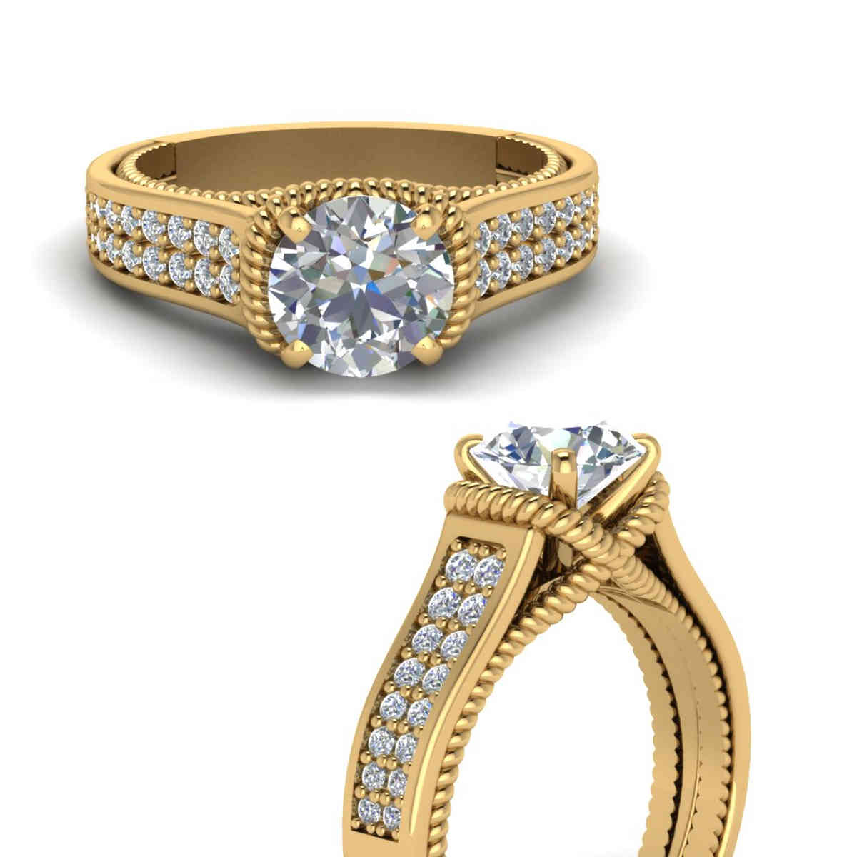 Round Shaped Pave 2 Row Thick Band Ring with White Diamond in 14K Yellow Gold