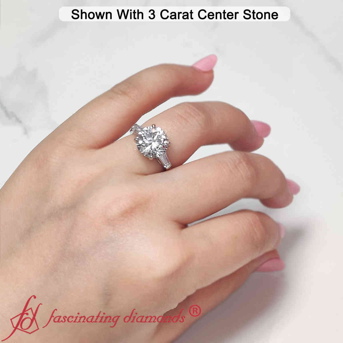 3 Carat Three Stone Round Lab Diamond Ring with 14K White Gold Lab Grown Diamond