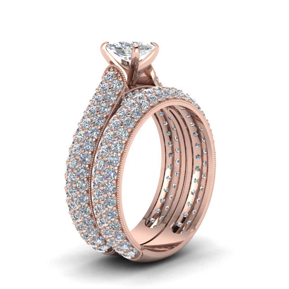 Big 3 Carat Cushion Cut Diamond Wedding Sets with 14K Rose Gold White Diamond