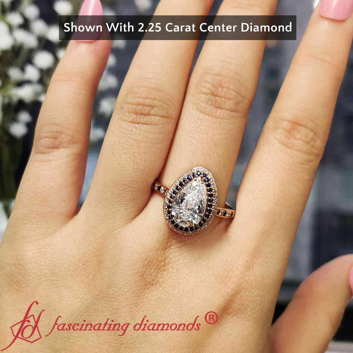 Pear Shaped Teardrop Under Halo Engagement Ring with Blue Sapphire in 18K Rose Gold