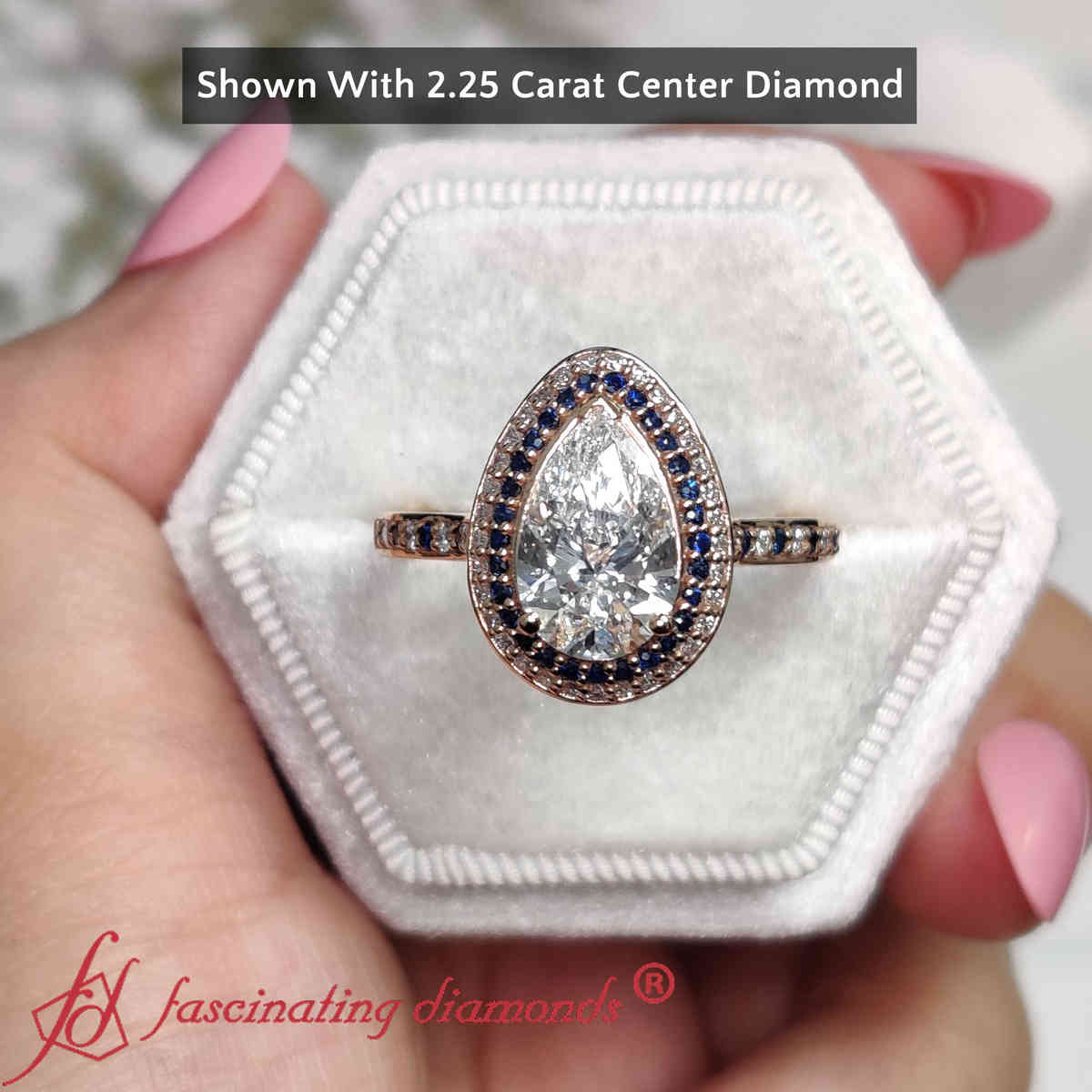 Pear Shaped Teardrop Under Halo Engagement Ring with Blue Sapphire in 18K Rose Gold