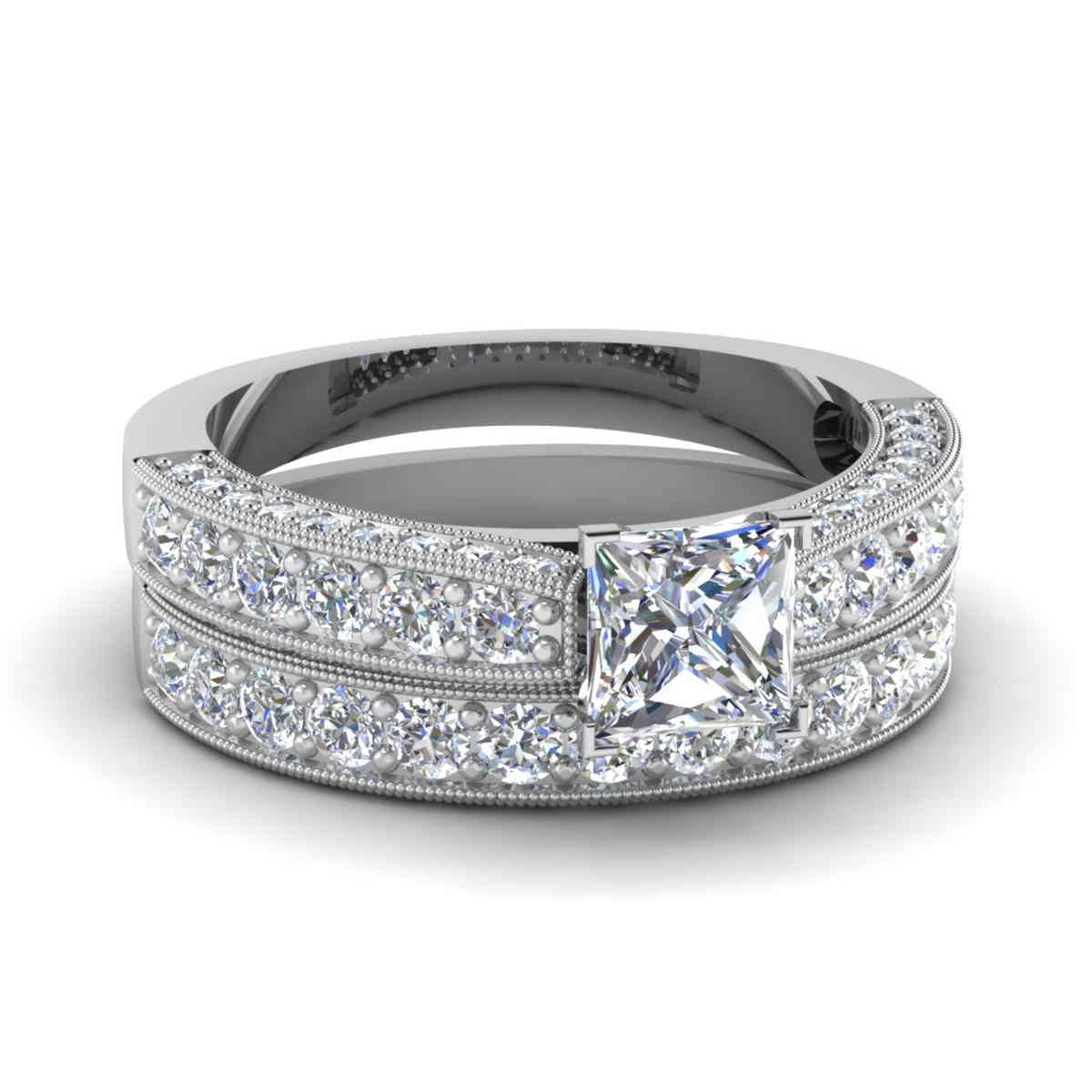 Princess Shaped Milgrain Vintage Wedding Set with White Diamond in 14K White Gold