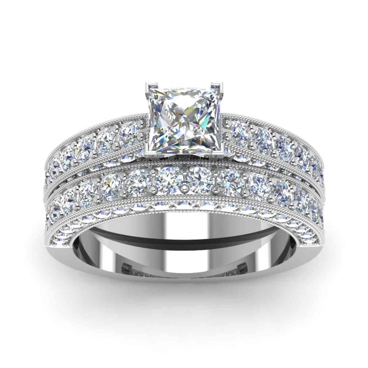 Princess Shaped Milgrain Vintage Wedding Set with White Diamond in 14K White Gold