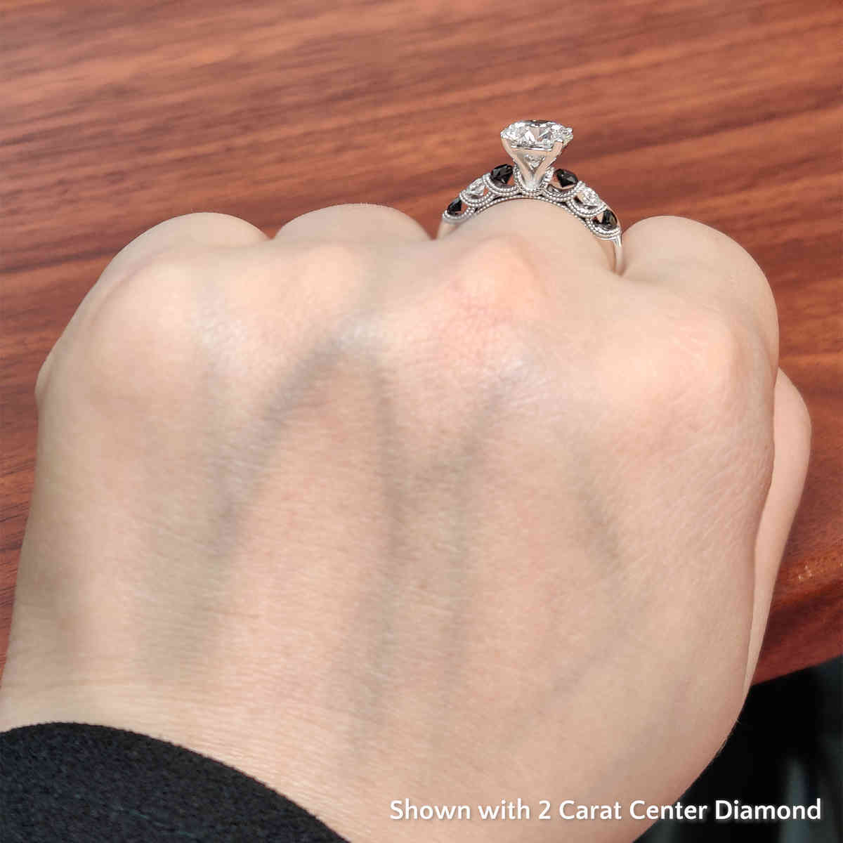 2 Ct. Round Milgrain Bar Set Engagement Ring with 14K White Gold Black Diamond