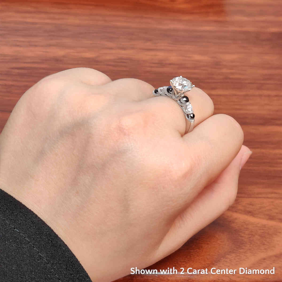 2 Ct. Round Milgrain Bar Set Engagement Ring with 14K White Gold Black Diamond