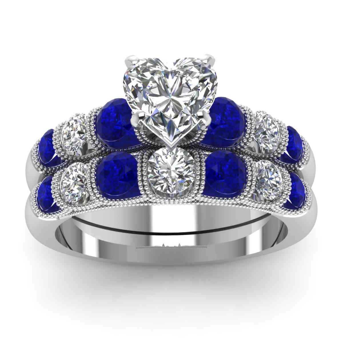 Heart Shaped Milgrain Bar Graduated Wedding Ring Set with Blue Sapphire in 14K White Gold