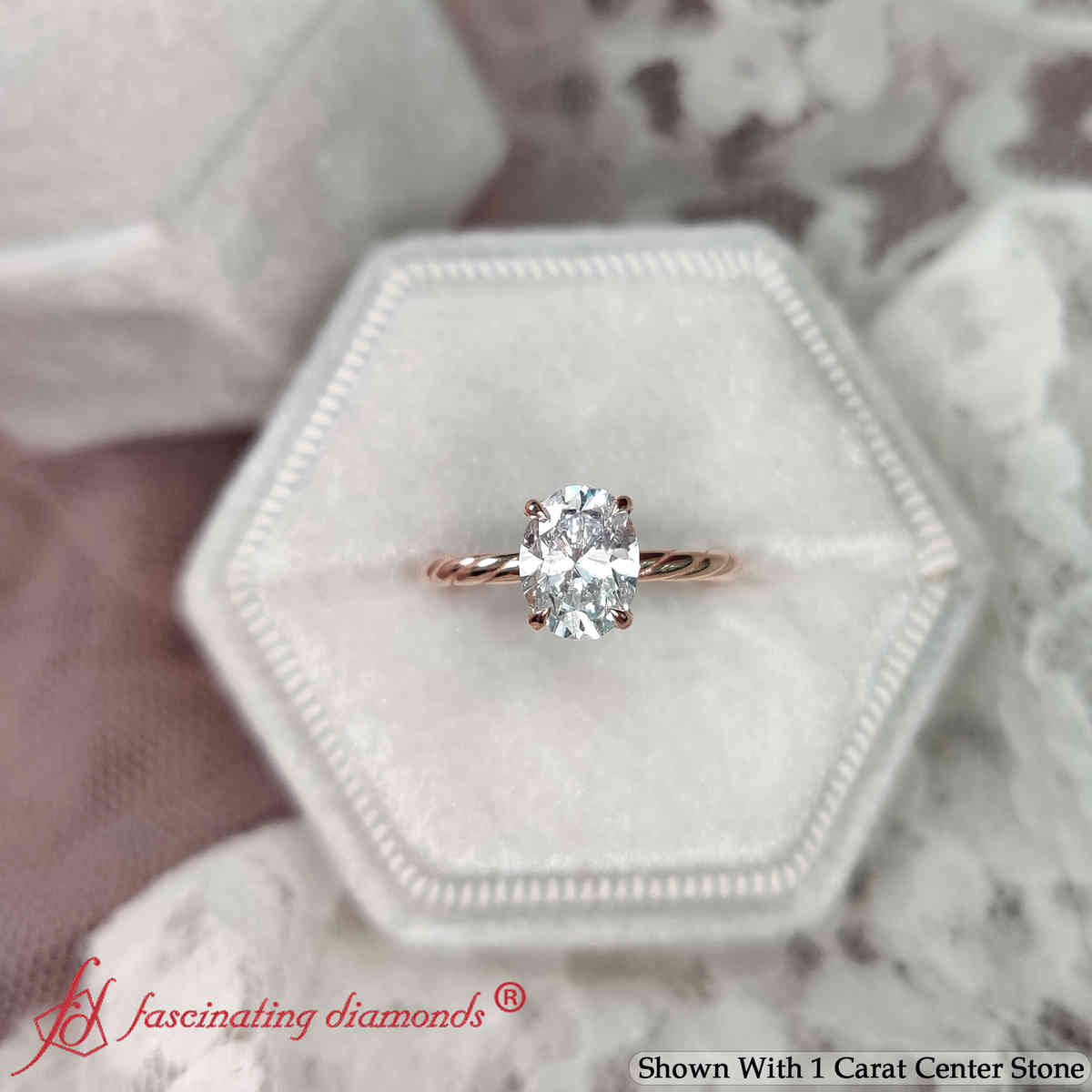 Oval Shaped Rope Solitaire Engagement Ring with undefined in 14K Rose Gold