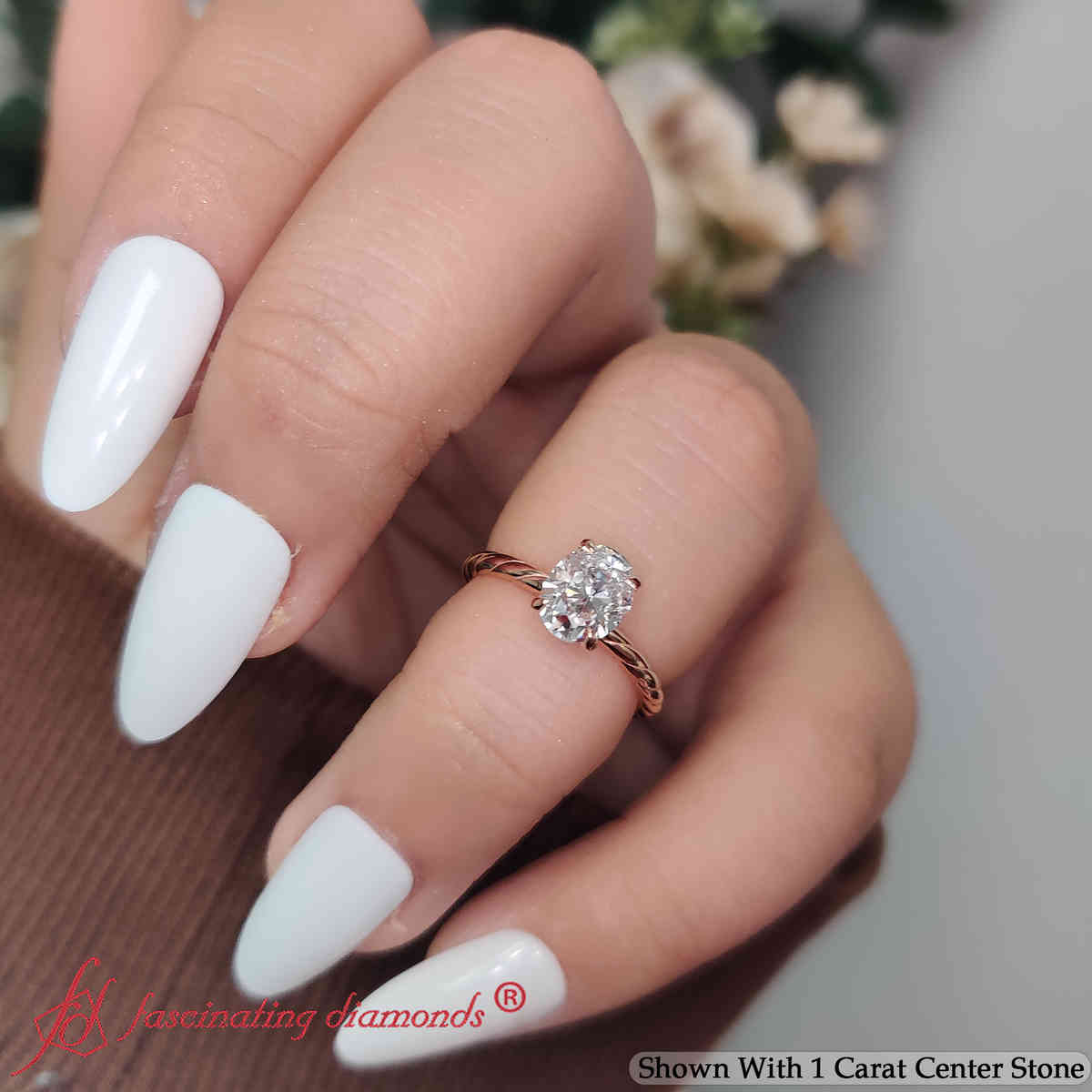 Oval Shaped Rope Solitaire Engagement Ring with undefined in 14K Rose Gold