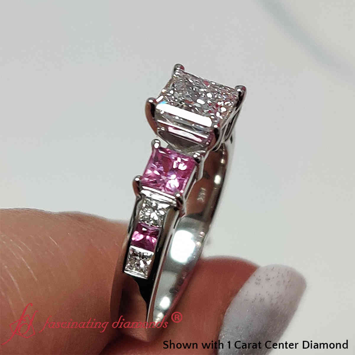 1 Carat Princess Cut Channel Three Stone Lab Diamond Ring with 14K White Gold Pink Sapphire