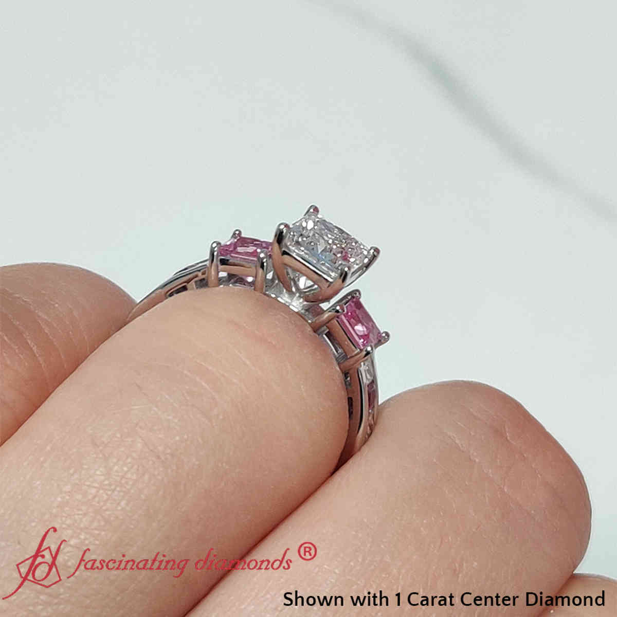 1 Carat Princess Cut Channel Three Stone Lab Diamond Ring with 14K White Gold Pink Sapphire