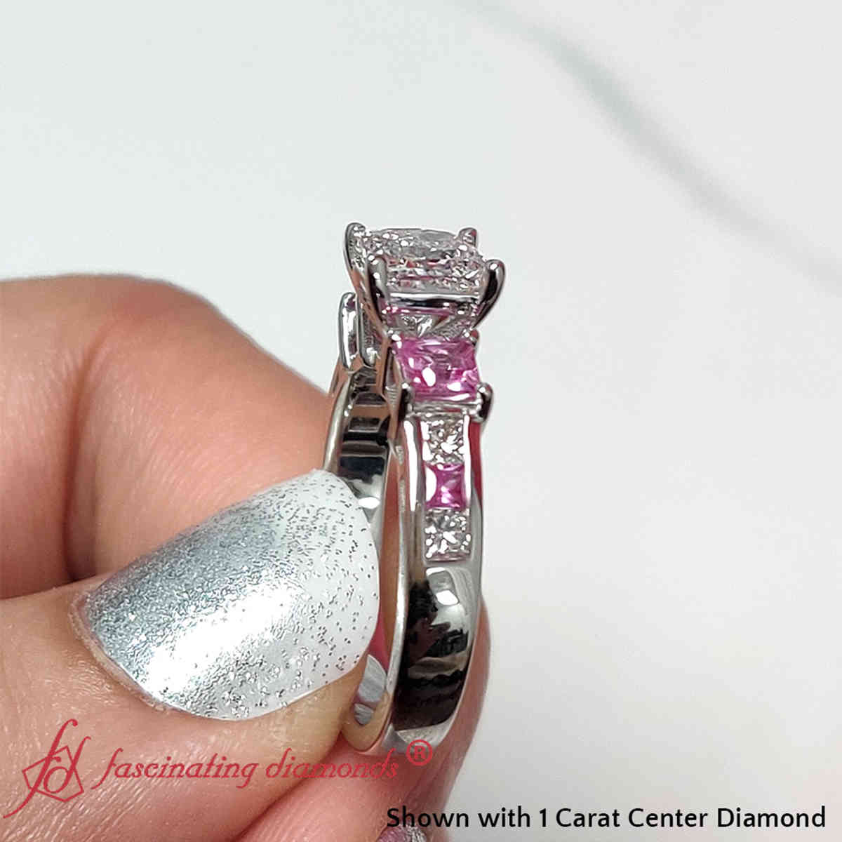 1 Carat Princess Cut Channel Three Stone Lab Diamond Ring with 14K White Gold Pink Sapphire
