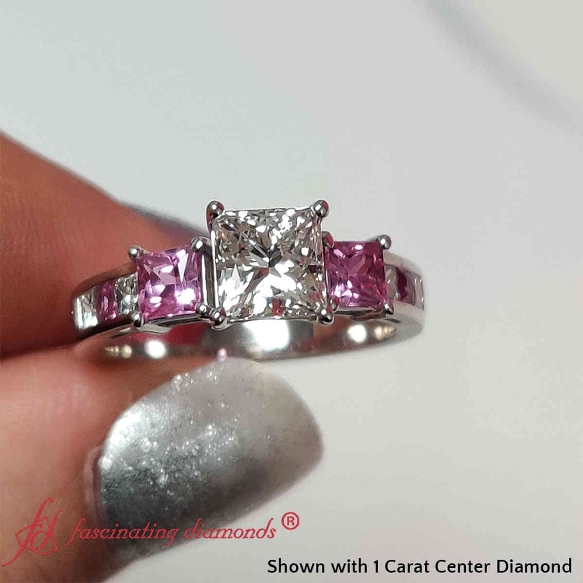 1 Carat Princess Cut Channel Three Stone Lab Diamond Ring with 14K White Gold Pink Sapphire