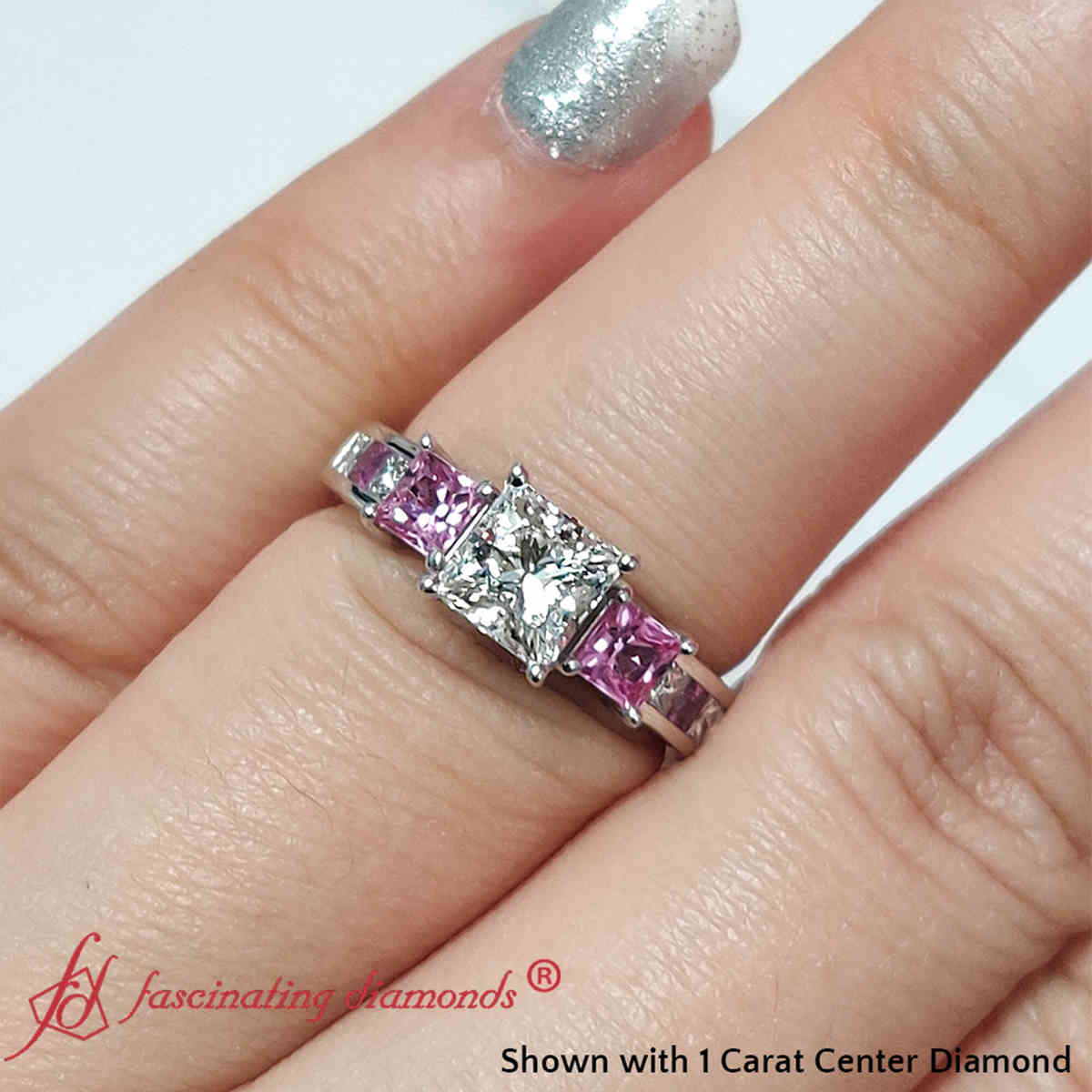 1 Carat Princess Cut Channel Three Stone Lab Diamond Ring with 14K White Gold Pink Sapphire