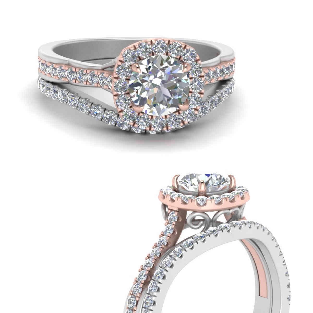 Round Shaped Two Tone Halo Wedding Band Sets with White Diamond in 14K White Gold