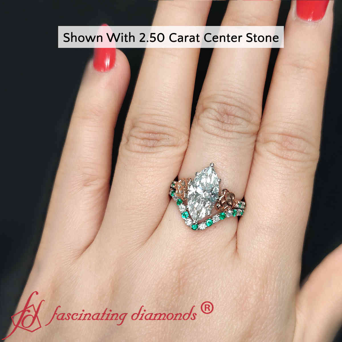 3 Carat Marquise Cut Lab Diamond Celtic Engagement Ring Set with 14K White Gold Green Emerald