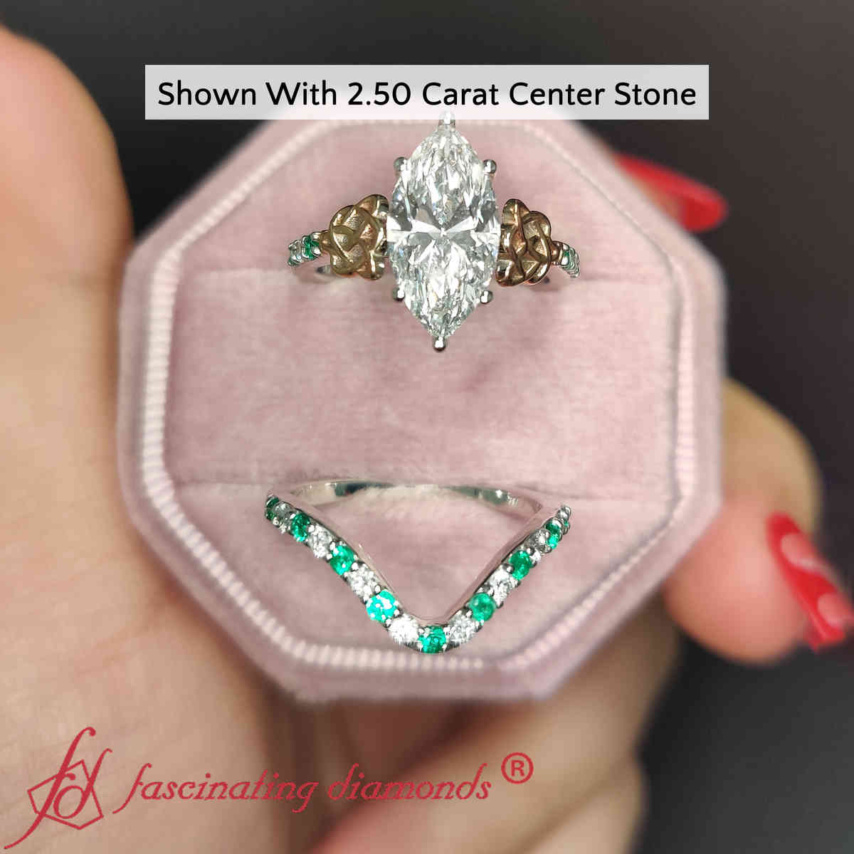3 Carat Marquise Cut Lab Diamond Celtic Engagement Ring Set with 14K White Gold Green Emerald