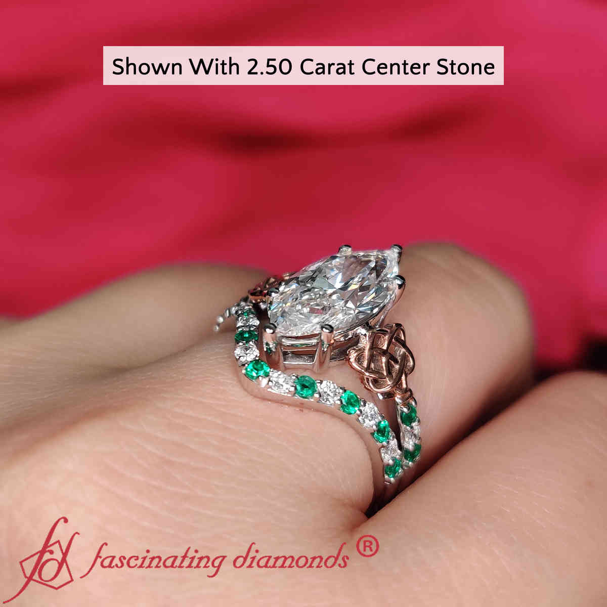 3 Carat Marquise Cut Lab Diamond Celtic Engagement Ring Set with 14K White Gold Green Emerald