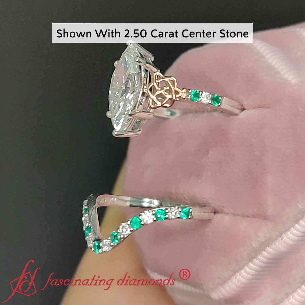 3 Carat Marquise Cut Lab Diamond Celtic Engagement Ring Set with 14K White Gold Green Emerald