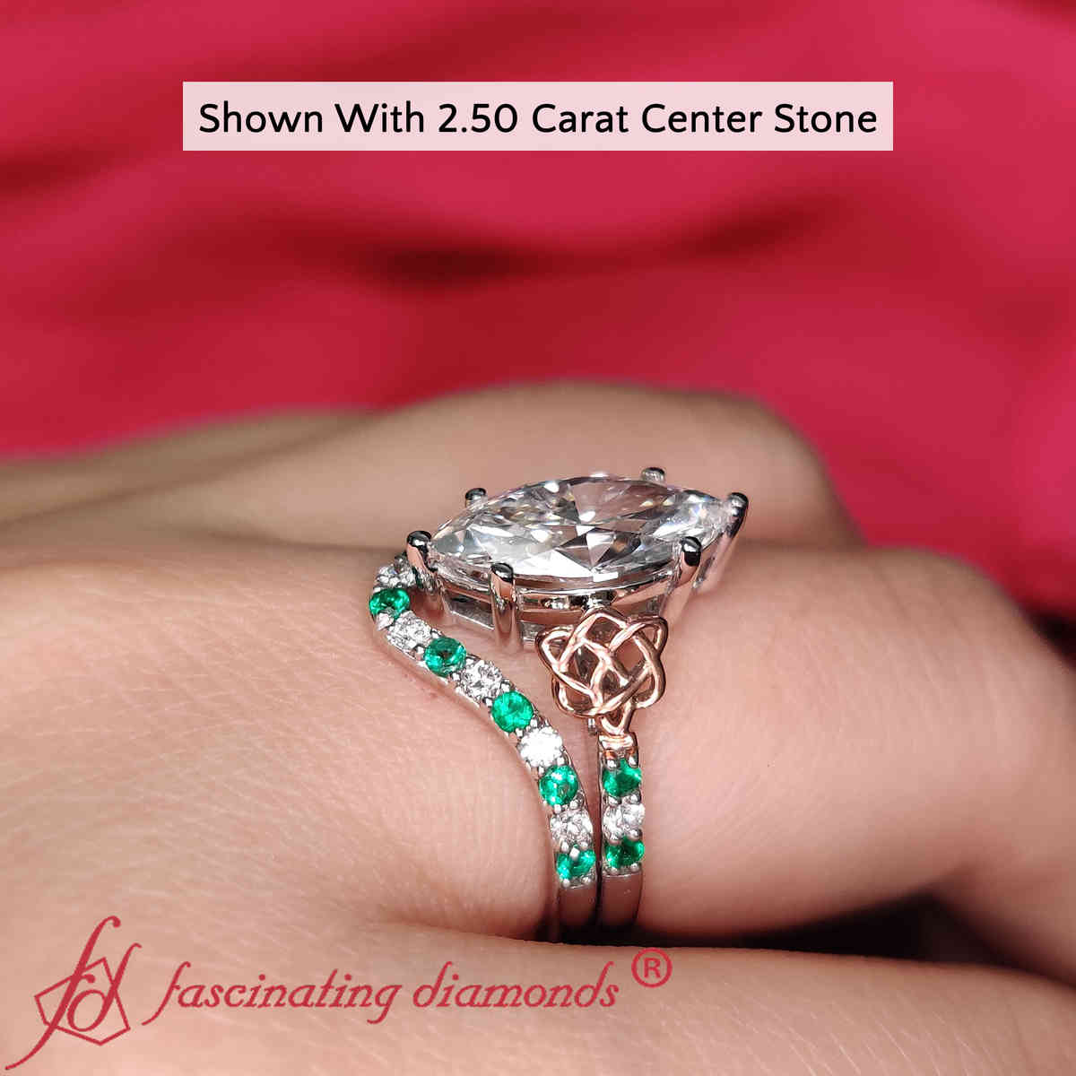 3 Carat Marquise Cut Lab Diamond Celtic Engagement Ring Set with 14K White Gold Green Emerald