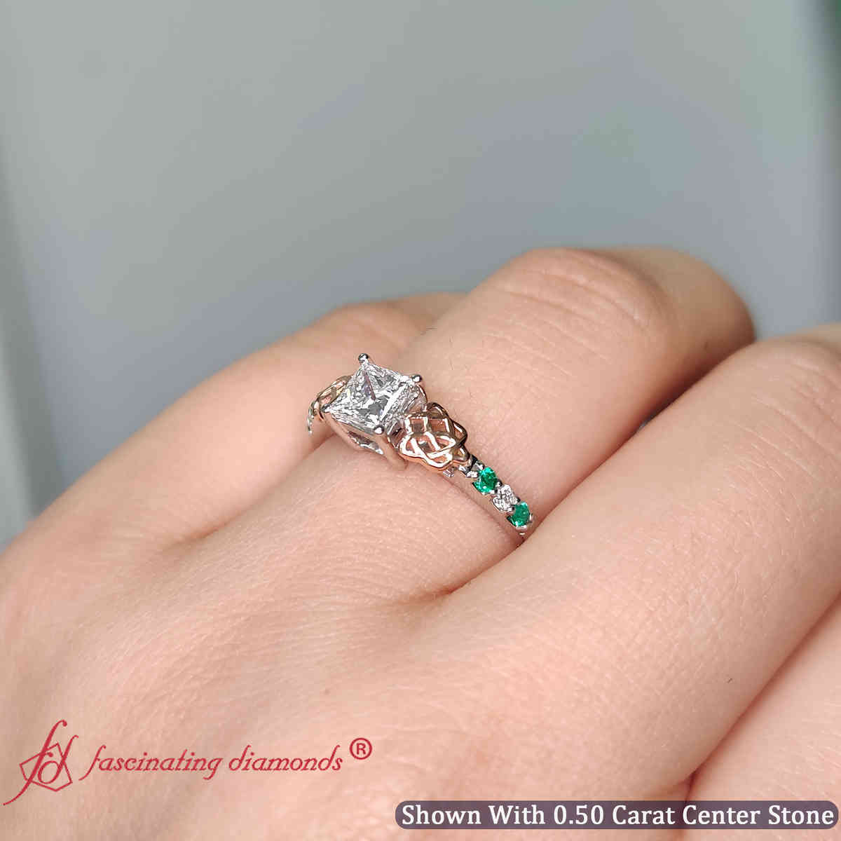 Half Carat Princess Cut Lab Diamond Celtic Wedding Ring with 14K White Gold Green Emerald