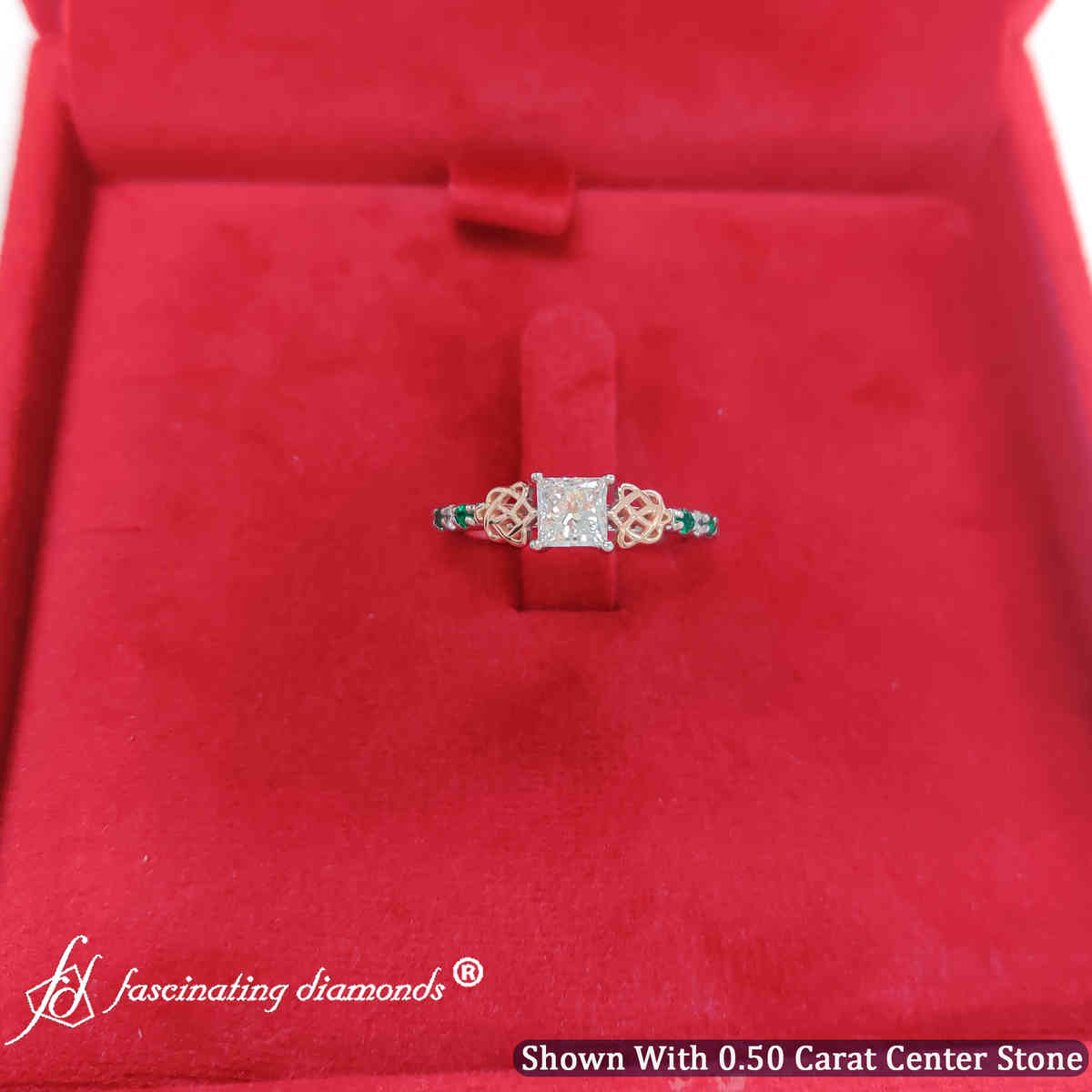 Half Carat Princess Cut Lab Diamond Celtic Wedding Ring with 14K White Gold Green Emerald