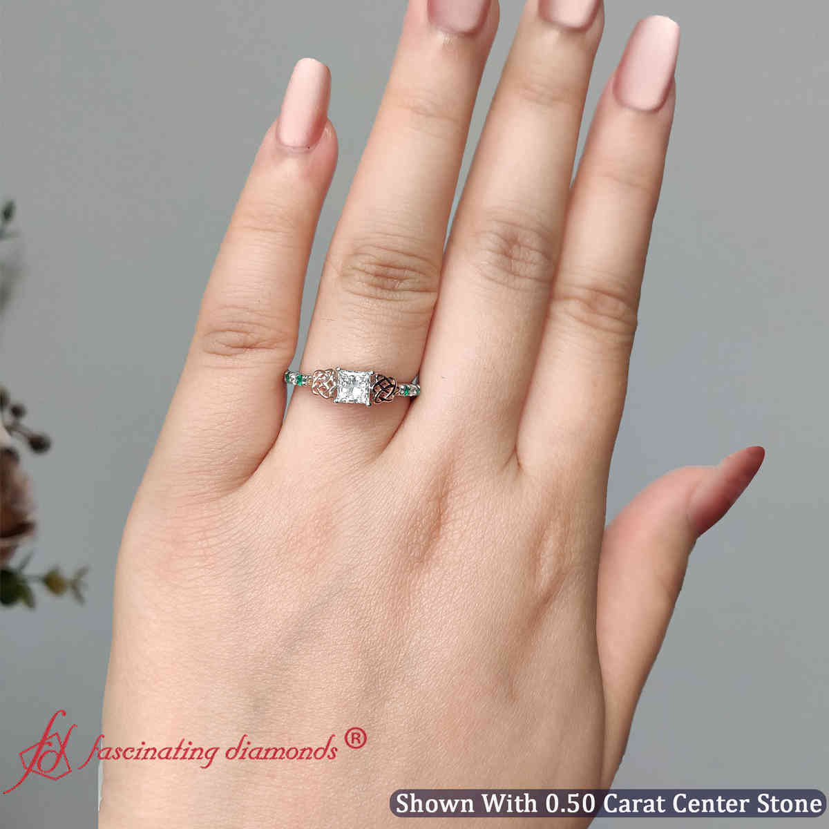 Half Carat Princess Cut Lab Diamond Celtic Wedding Ring with 14K White Gold Green Emerald