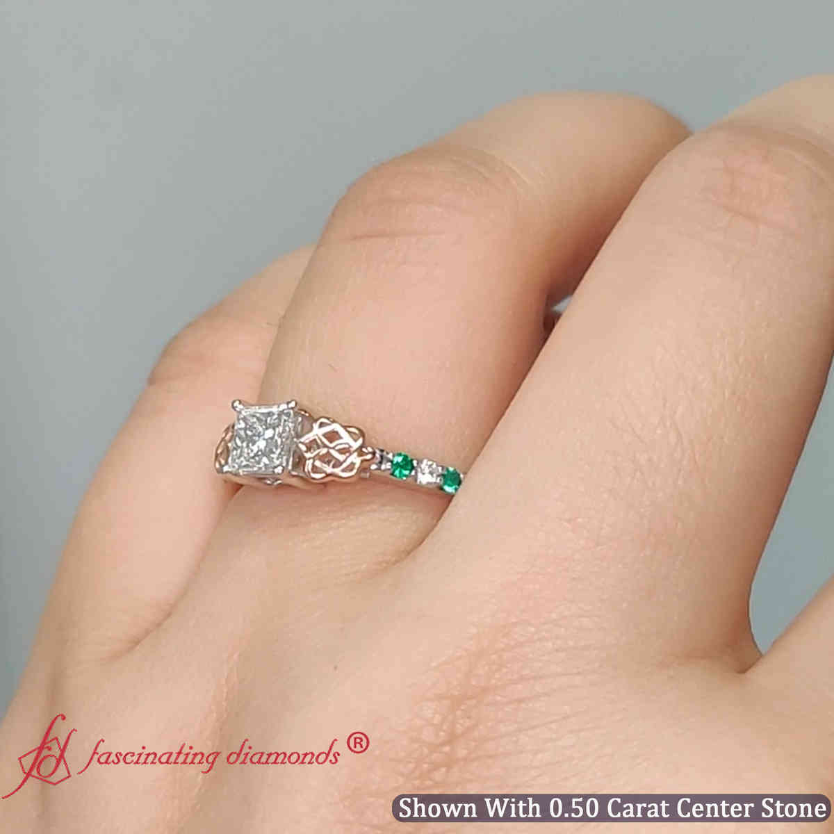 Half Carat Princess Cut Lab Diamond Celtic Wedding Ring with 14K White Gold Green Emerald
