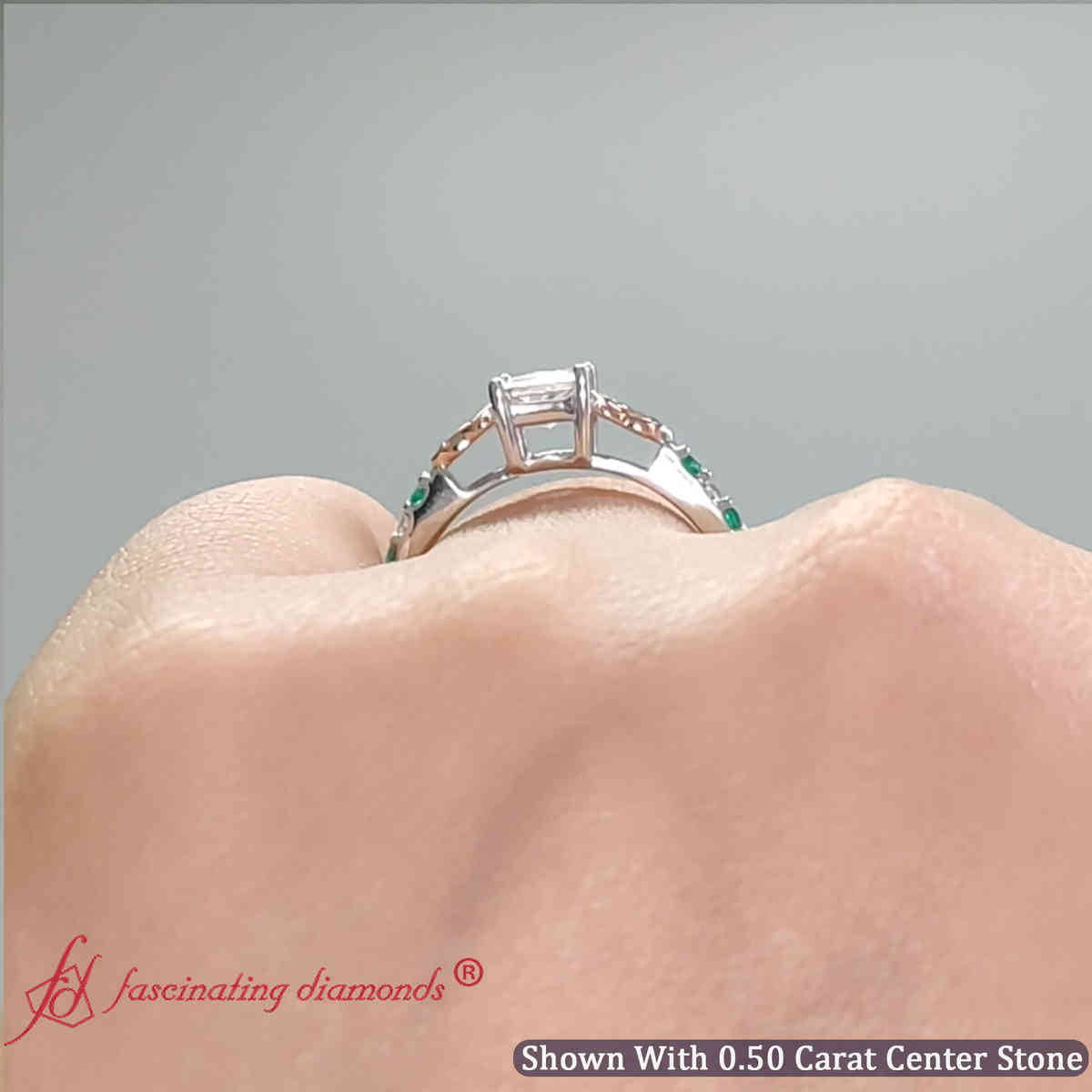 Half Carat Princess Cut Lab Diamond Celtic Wedding Ring with 14K White Gold Green Emerald