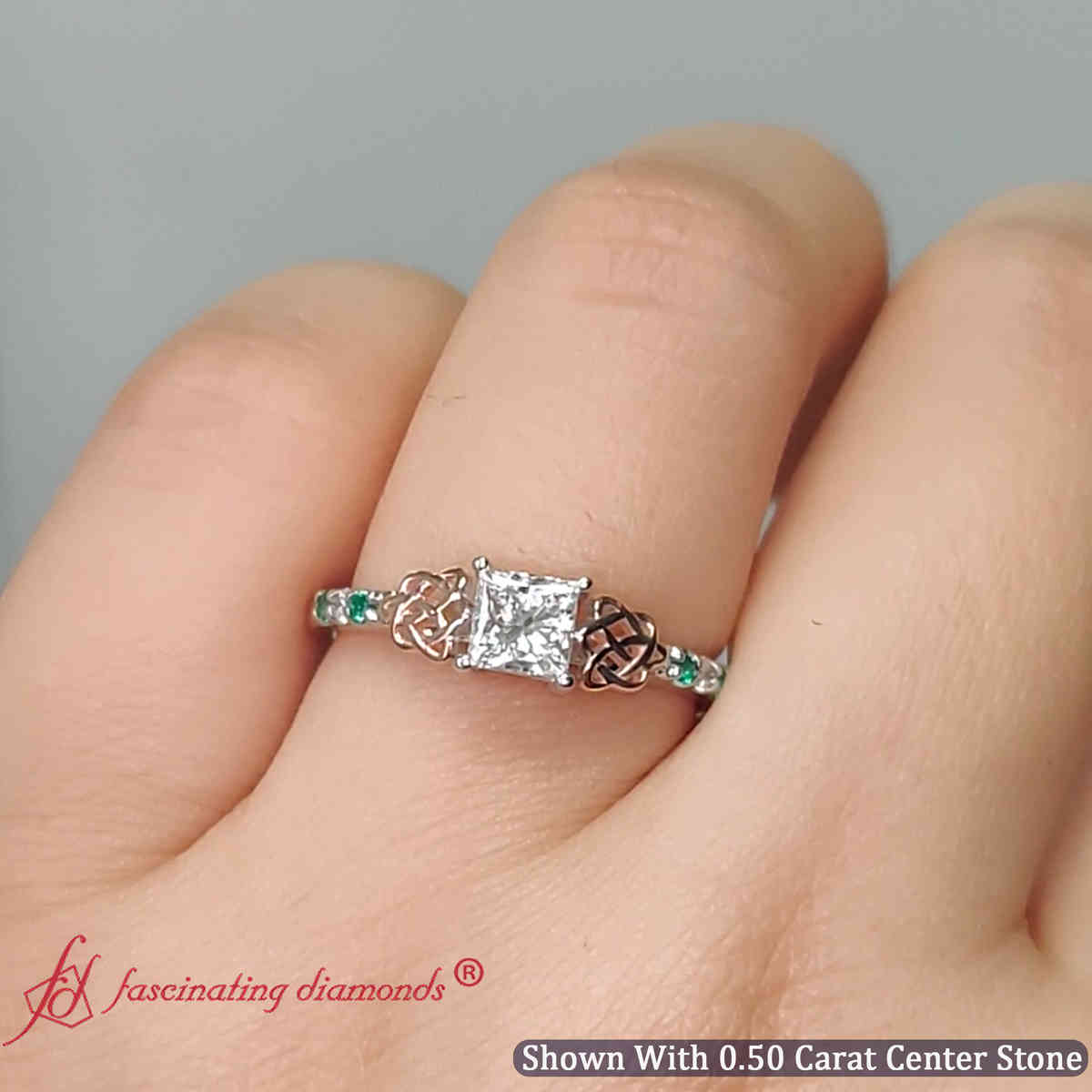 Half Carat Princess Cut Lab Diamond Celtic Wedding Ring with 14K White Gold Green Emerald