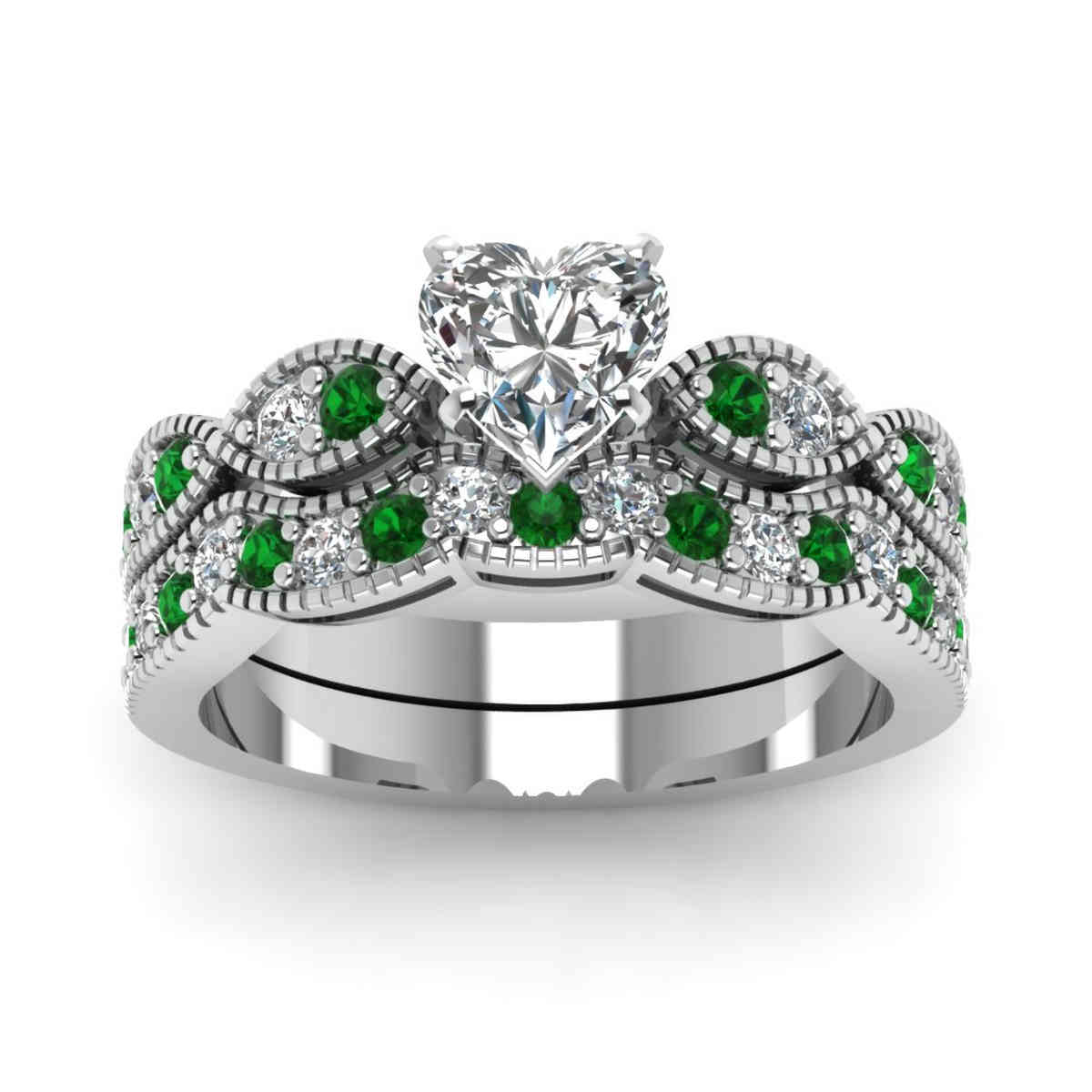 Heart Shaped Milgrain Weave Ring Set with Green Emerald in 14K White Gold