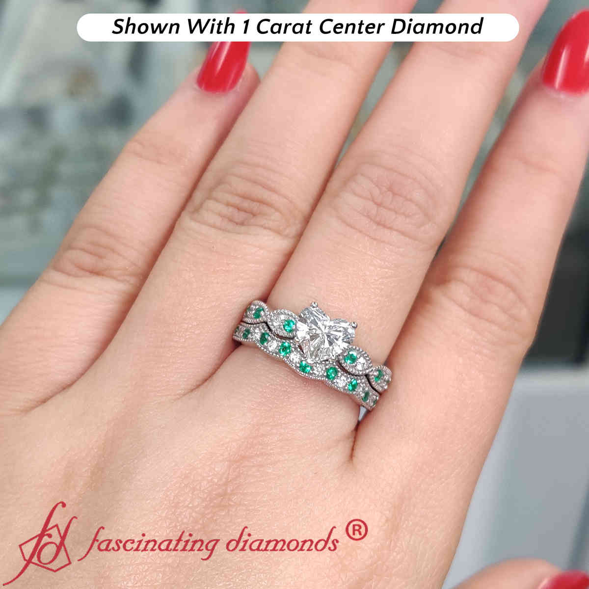 Heart Shaped Milgrain Weave Ring Set with Green Emerald in 14K White Gold