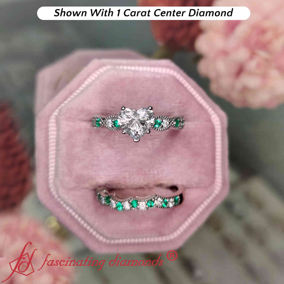 Heart Shaped Milgrain Lab Diamond Wedding Set with 14K White Gold Green Emerald