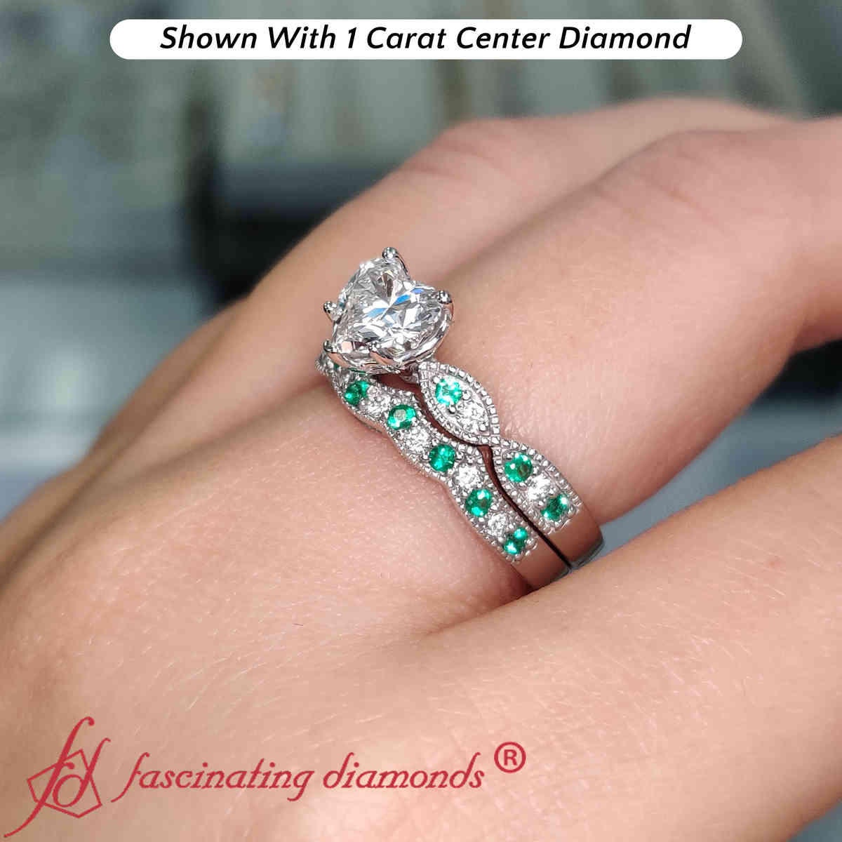 Heart Shaped Milgrain Lab Diamond Wedding Set with 14K White Gold Green Emerald