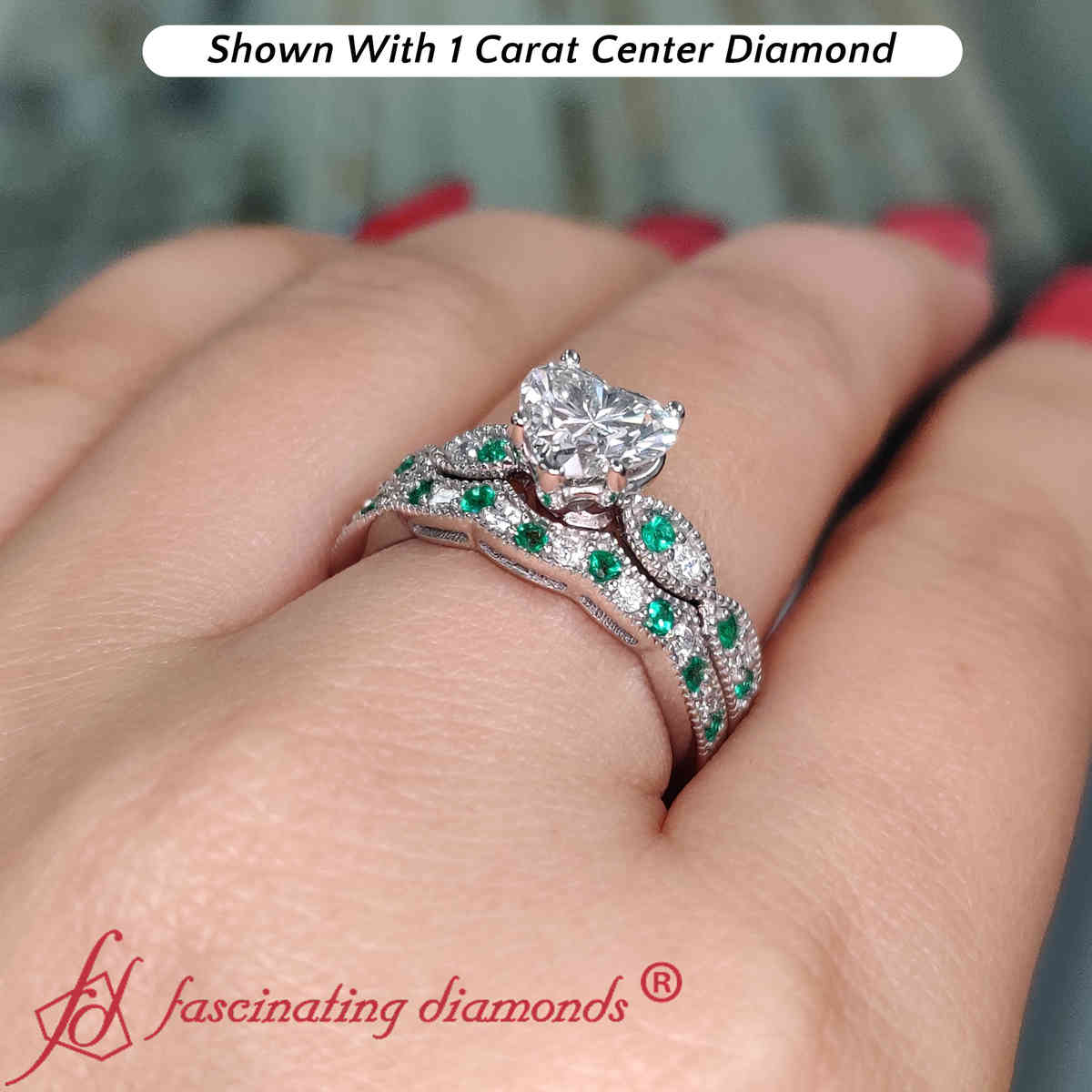 Heart Shaped Milgrain Lab Diamond Wedding Set with 14K White Gold Green Emerald