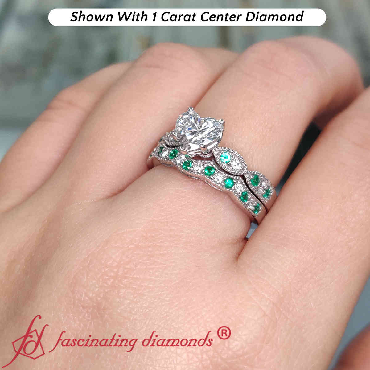 Heart Shaped Milgrain Lab Diamond Wedding Set with 14K White Gold Green Emerald